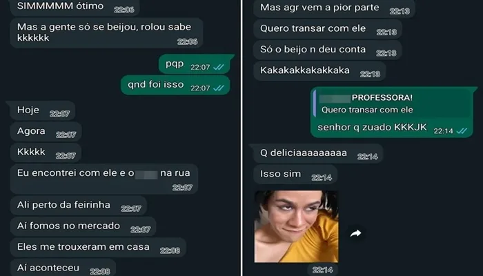 Print de conversa em que professora admite a aluna ter beijado aluno de 14 anos — Foto: Reprodução