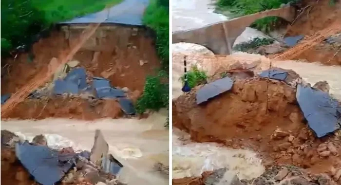 Trecho de rodovia é interditada após forte chuva causar cratera na Bahia — Foto: Divulgação/TV Bahia