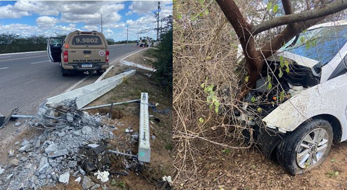 Após atingir poste, o carro saiu da pista e bateu em uma árvore- Fotos: Reprodução/Agmar Rios