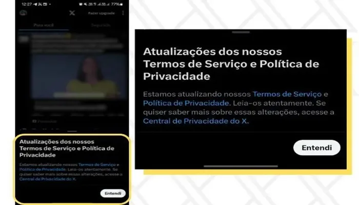 Pop-up aparece na parte inferior da tela do aplicativo X informando sobre a atualização das regras- Foto: Reprodução/ Cido Coelho/SBT News/Montagem