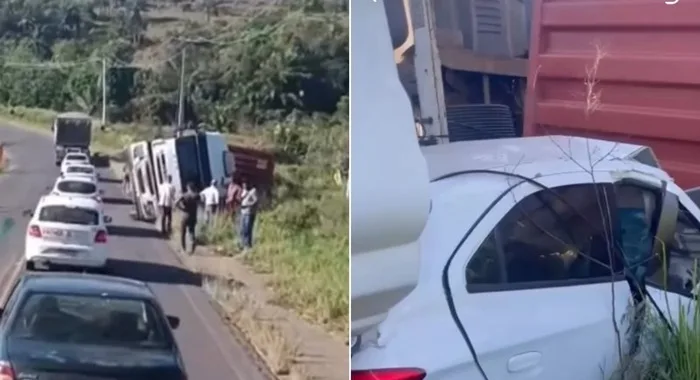 Carreta tomba sobre carro em São Sebastião do Passé- Foto: Reprodução/ Redes sociais