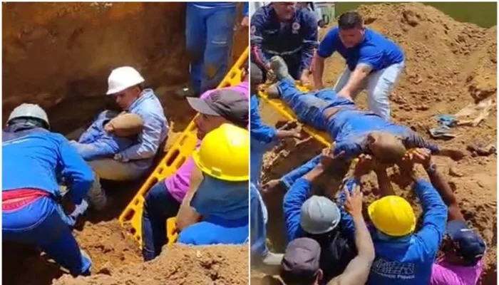 Trabalhadores ficam soterrados durante instalação de rede de água pluvial- Foto: Reprodução