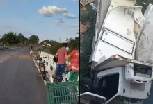 Caminhão cai de ponte após motorista perder o controle da direção