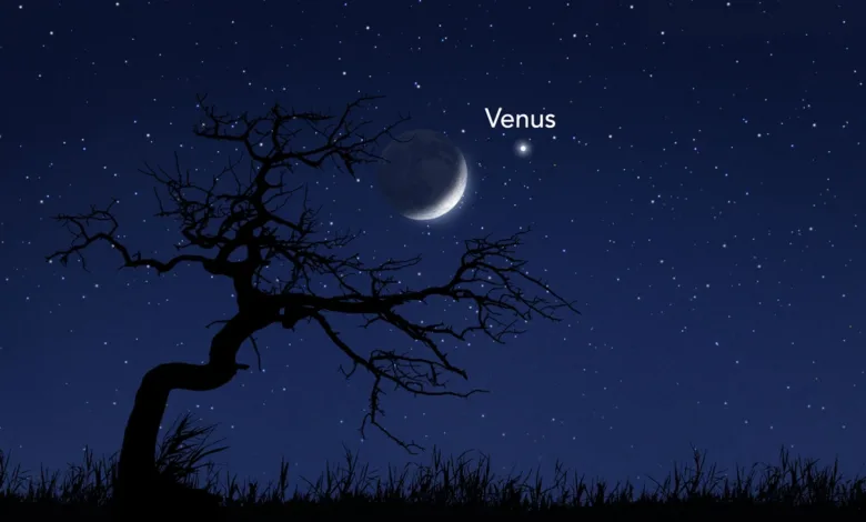 Lua e Vênus juntas no céu ao anoitecer