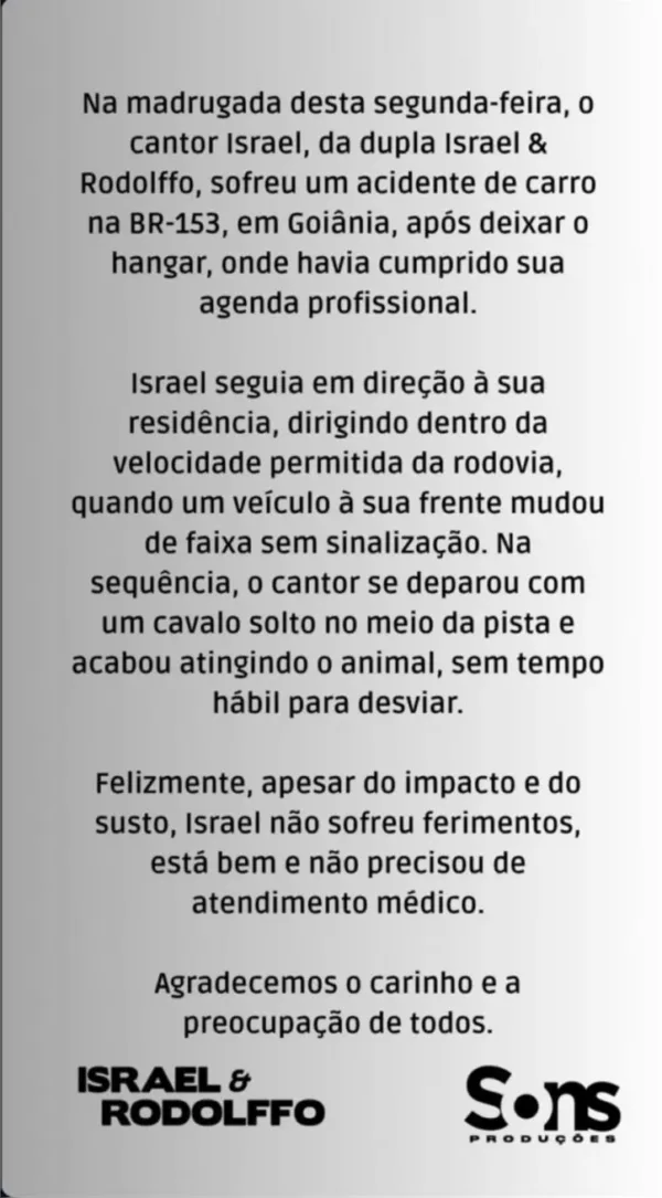 cantor Israel sofre acidente na BR-153 em Goiás