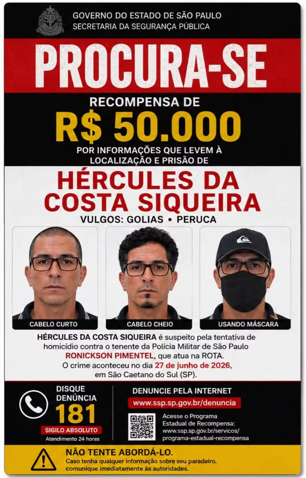 recompensa por suspeito de ataque a tenente da Rota